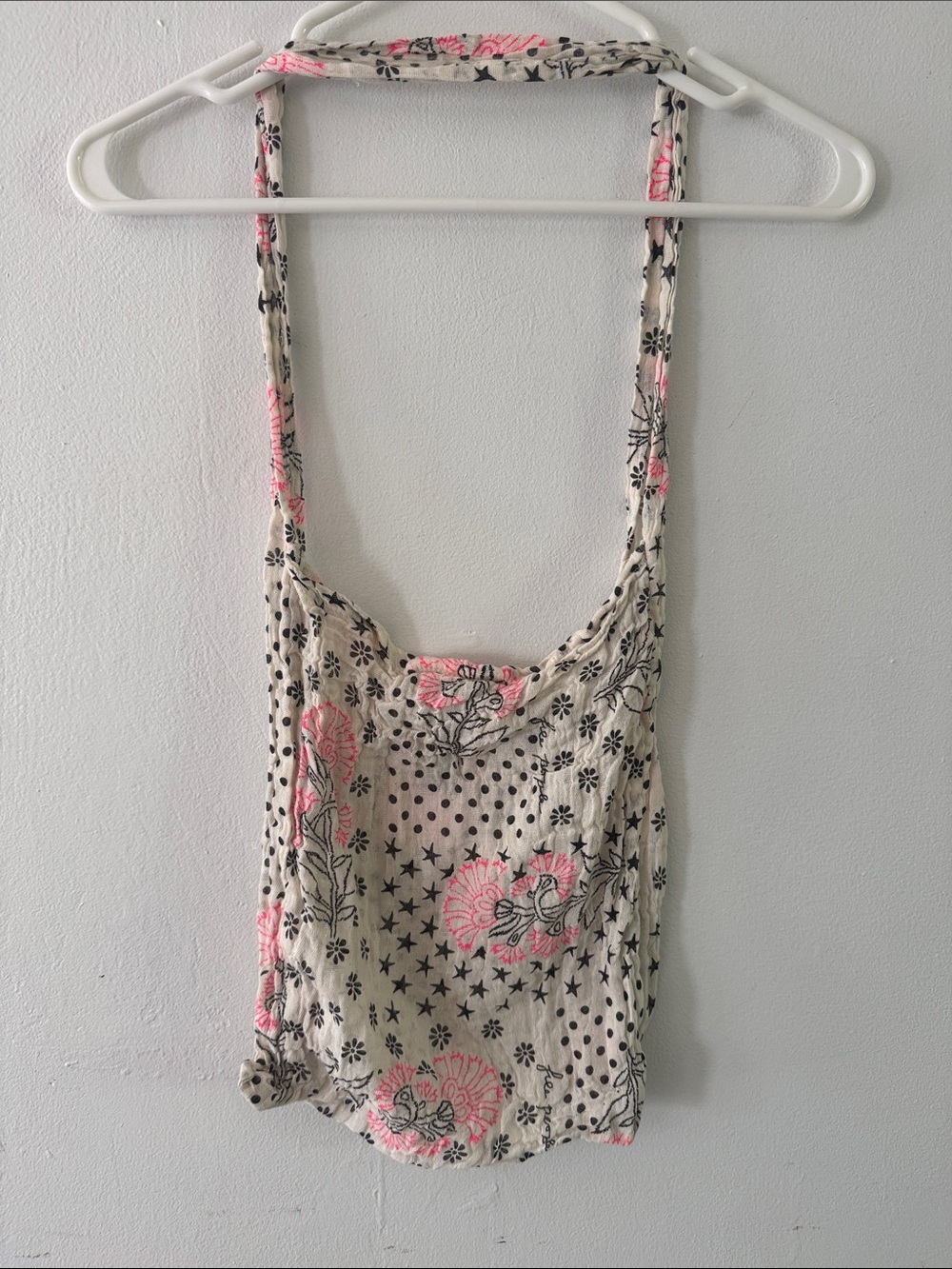 Free People Cream Tote with Pink Floral and Black Star Motif